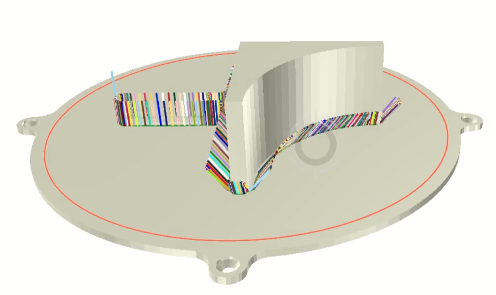 A plate with concave regions to print in. Each colored line represents the angle of the nozzle at each point along the print path.
