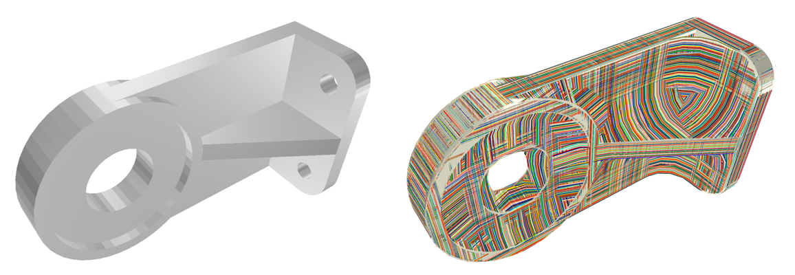 The original concave surface to be printed on (left), and the concave surface with double offsets applied to show infeasible printing regions (right).